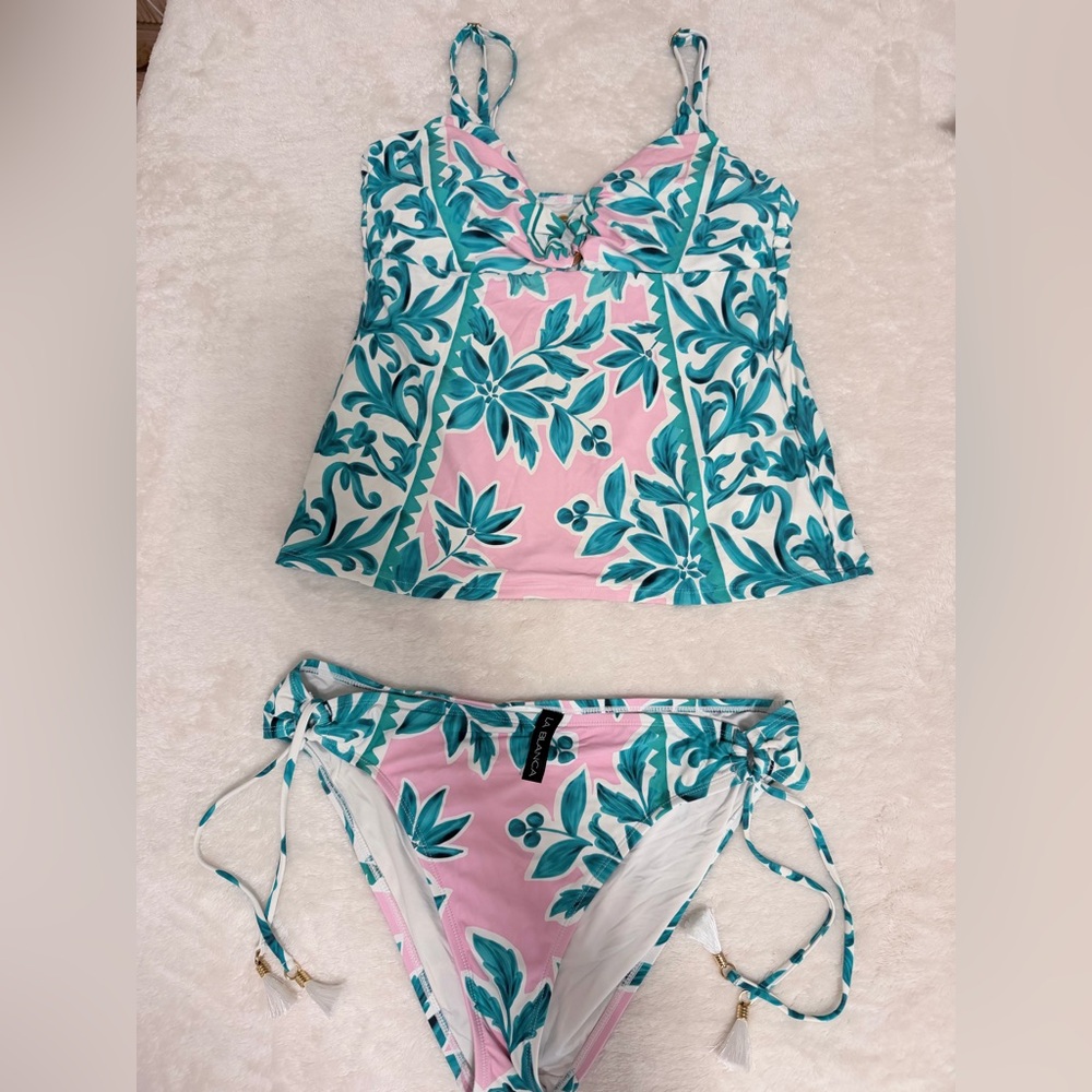 La Blanca Pink and Teal Floral TANKINI TOP AND CUTE BOTTOM. Super flattering!!!